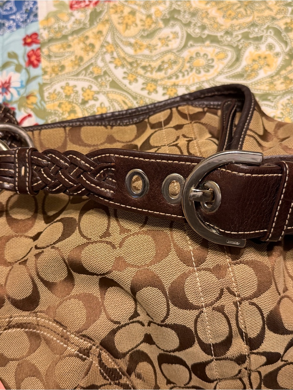 Coach Brown/Tan Signature Jacquard Tote with Braided Leather Handles